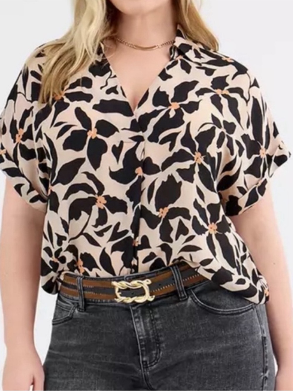 Cabi Replay Floral V-Neck Popover Short Sleeve Blouse Womens Large